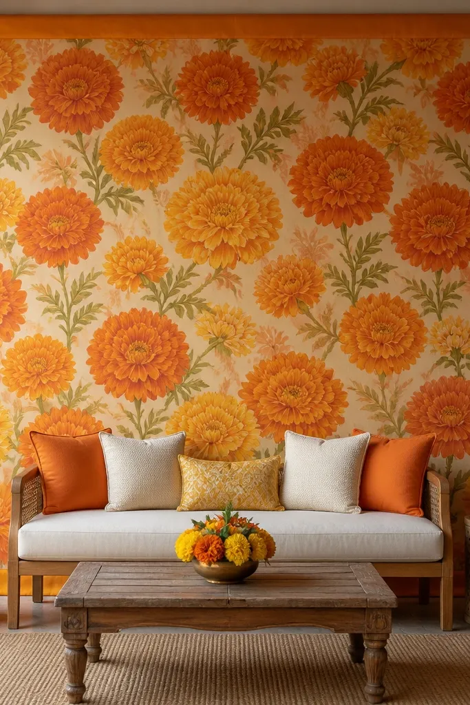A large flat backdrop board with a printed marigold pattern in orange, bordered with a strip of saffron fabric. The board is set behind the seating so it looks like a full wall background.
