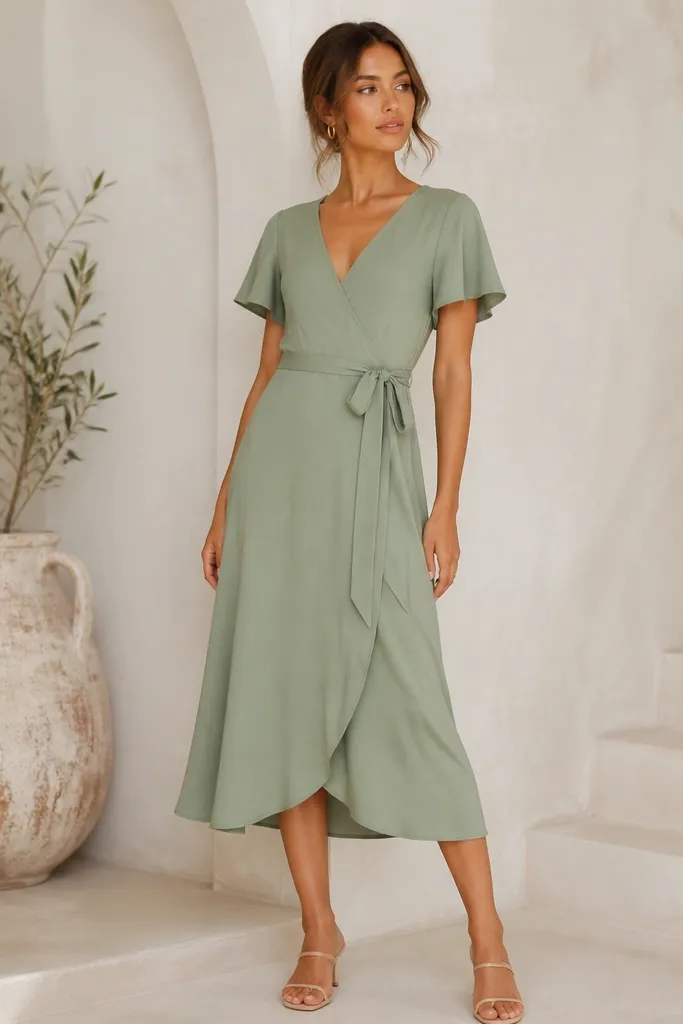 A sage green wrap midi dress with a V-neck, short flutter sleeves, and a fabric belt tied at the natural waist. The hem falls mid-calf. The model wears nude strappy sandals and a small gold hoop earring.