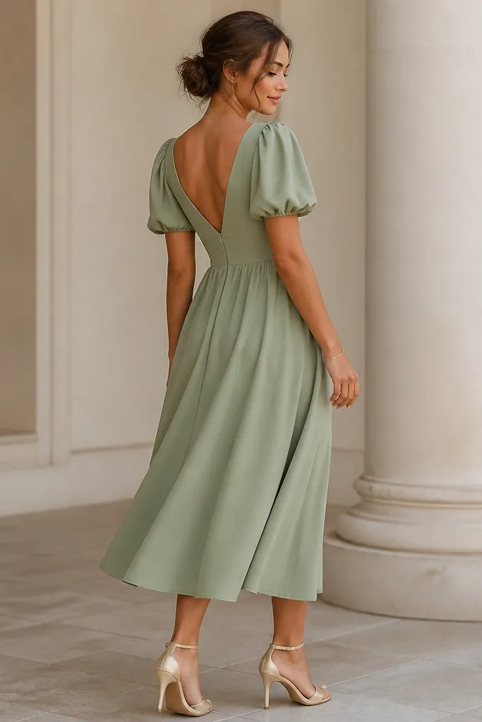 A sage green midi dress with puff sleeves, a fitted bodice, and a V-back cut. The model wears a soft updo, champagne heels, and a delicate bracelet.