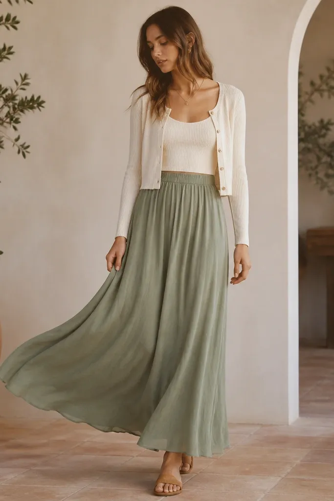 A sage green maxi skirt with a flowing hem and a slightly gathered waistband. The model wears a cropped cream cardigan and a simple camisole, plus tan sandals.