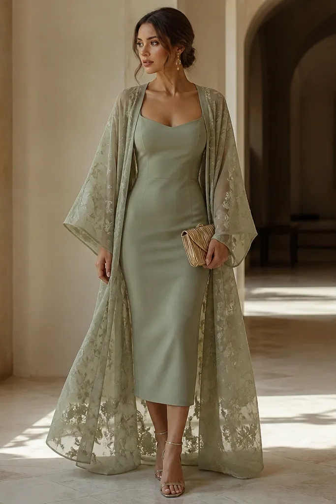 A sage green fitted midi bodycon dress with a longline kimono overlay in sheer organza. The overlay has subtle floral texture. The model wears strappy heels and a small gold clutch.