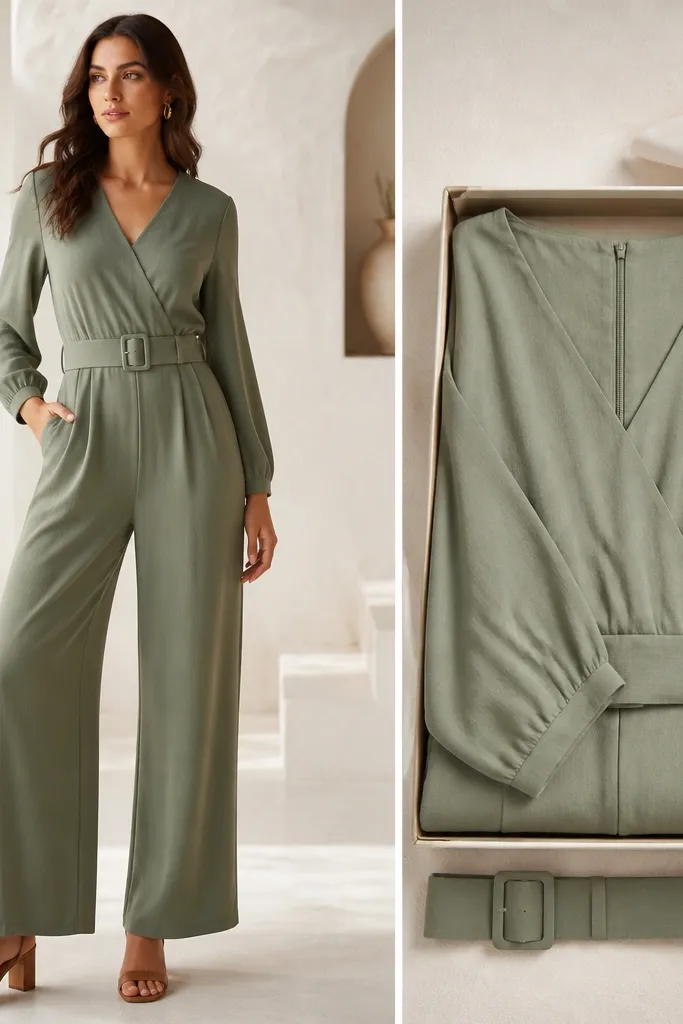 A sage green jumpsuit with a V-neck and long sleeves. It includes a detachable belt shown in the package. The model wears the belt cinched at the waist with tan heels.