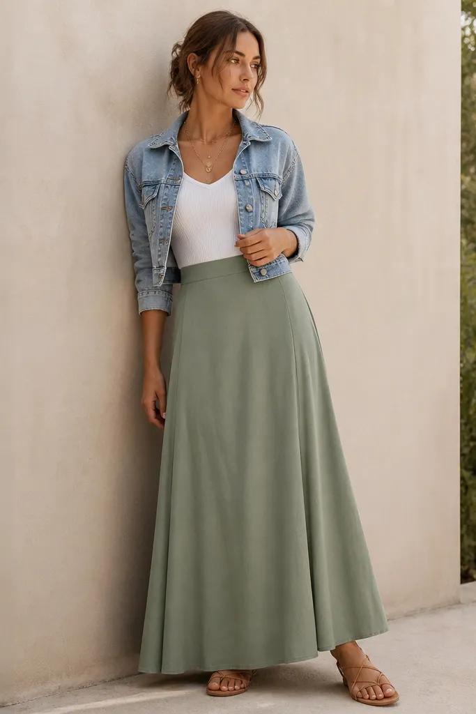 A sage green long skirt paired with a white ribbed knit tank and a cropped light-wash denim jacket. The model wears tan sandals and a layered necklace.
