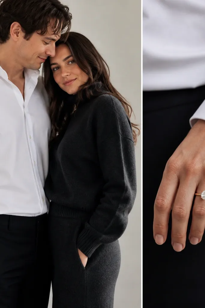 A couple stands close together. One person wears a charcoal knit two-piece set (or a charcoal blazer and trousers). The other wears a crisp white button-down. The ring is visible in a small white cuff-side shot near the wrist, with a clean neutral background.