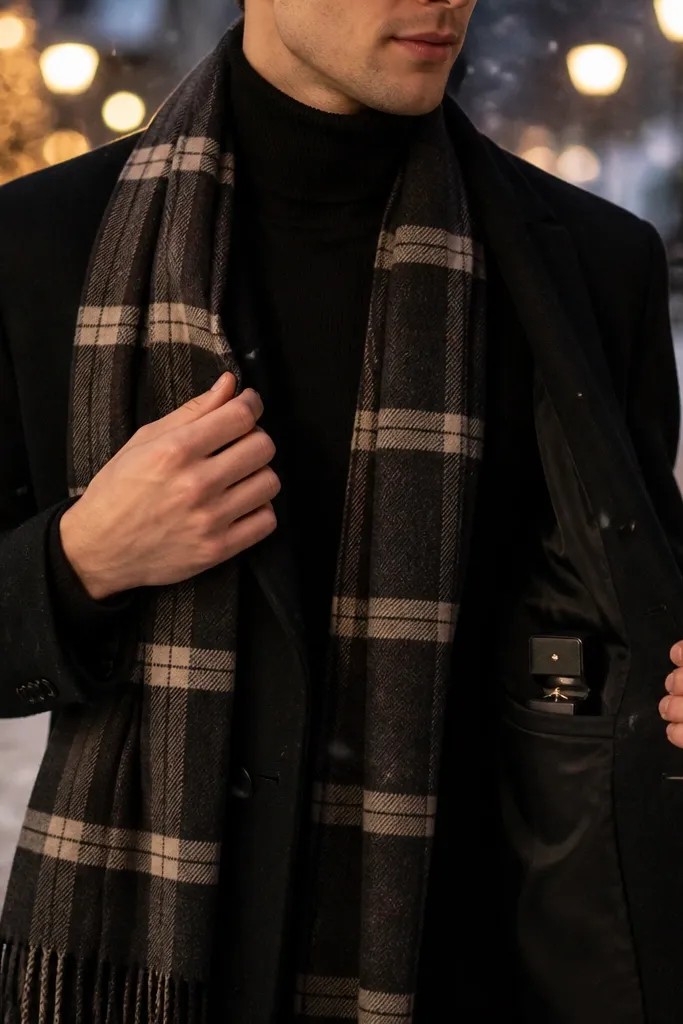 A person in a black fitted turtleneck and black coat holds a plaid scarf. The scarf is draped loosely around their neck, and the ring box is tucked into the inside pocket of the coat. Snowy street lights glow in the background.