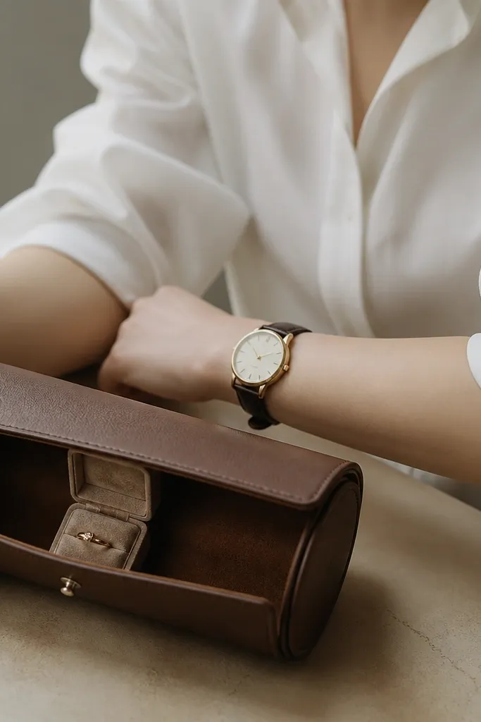 A close-up of rolled sleeves on a white blouse. A leather watch roll sits on a table with the lid slightly open, revealing a small ring box inside. The lighting is soft and the skin looks clean and bright.