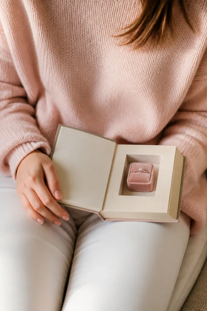 A person in a soft pink knit sweater and white trousers sits on a couch. A small book lies open on their lap with a ring box inside a paper insert. Warm indoor light makes the sweater look cozy and the ring box looks centered.