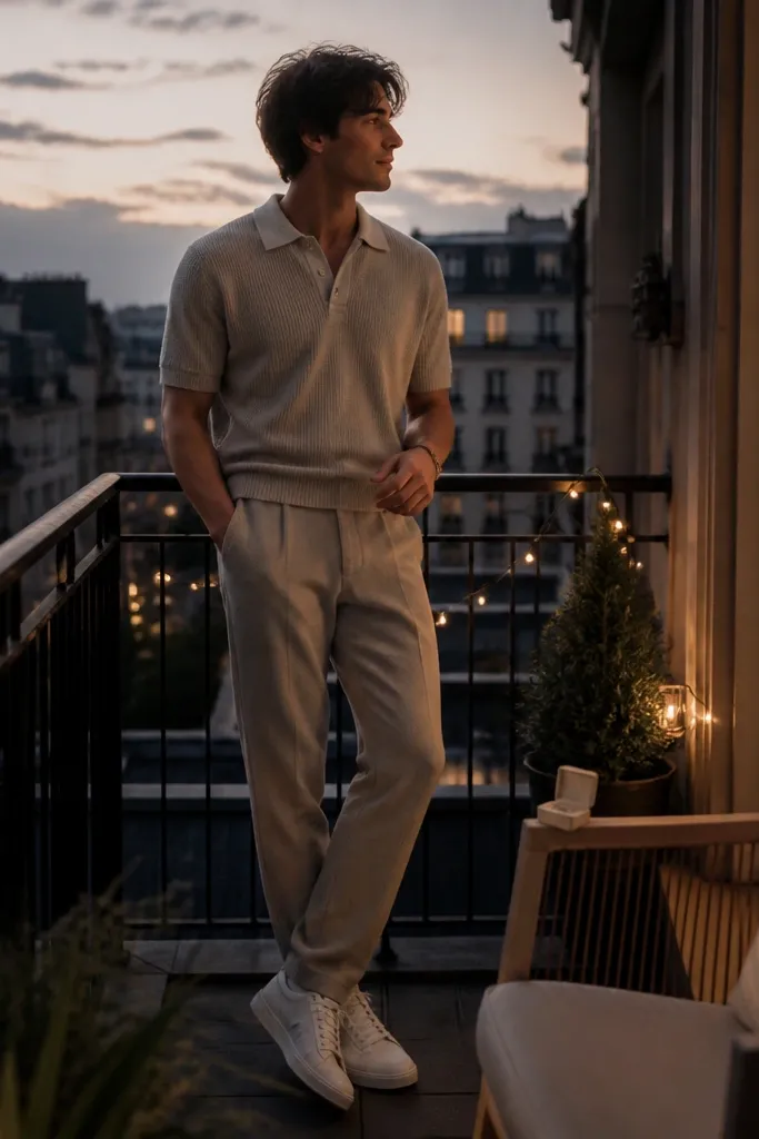 A person stands on a small apartment balcony at dusk wearing a matching knit polo and trousers in soft neutral tones. White sneakers are visible. A ring box sits on a small chair arm near a string of warm fairy lights.