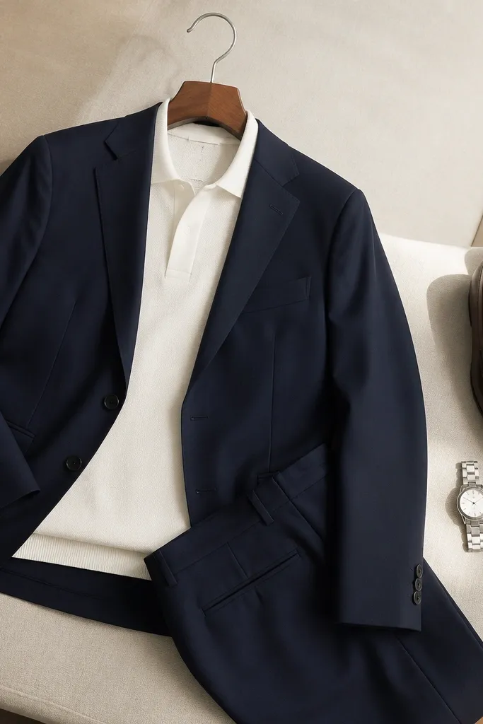 A deep navy two-piece suit with a slightly slim jacket paired with a white knit polo-style shirt (short sleeves, clean collar). The photo shows the outfit on a hanger next to brown leather loafers, with a simple silver watch and no tie.