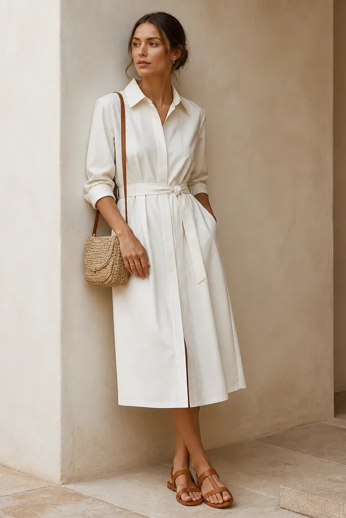 An ivory midi shirt dress with a self-belt at the waist and sleeves rolled to the forearm; the fabric looks crisp and structured. The image shows tan leather sandals, a woven crossbody bag, and minimal gold rings.