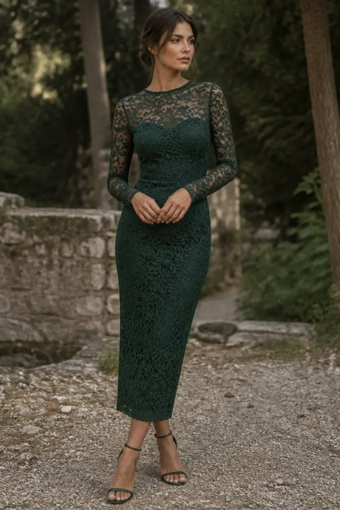 A forest green long-sleeve lace dress with a nude lining visible through the lace at the neckline and sleeves. The photo shows a fitted silhouette, delicate lace pattern, and strappy heels in dark green.