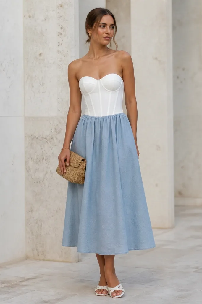 A light blue chambray midi skirt paired with a white corset-style bodice with boning channels; the look is clean and structured. The photo shows white sandals and a small straw clutch.