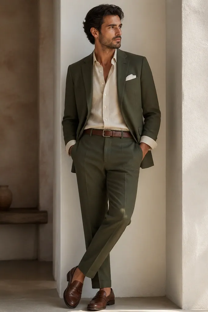 An olive green suit jacket and trousers paired with a cream linen shirt with sleeves slightly rolled; no tie is worn. The image shows brown leather belts and loafers, with a folded white pocket square.