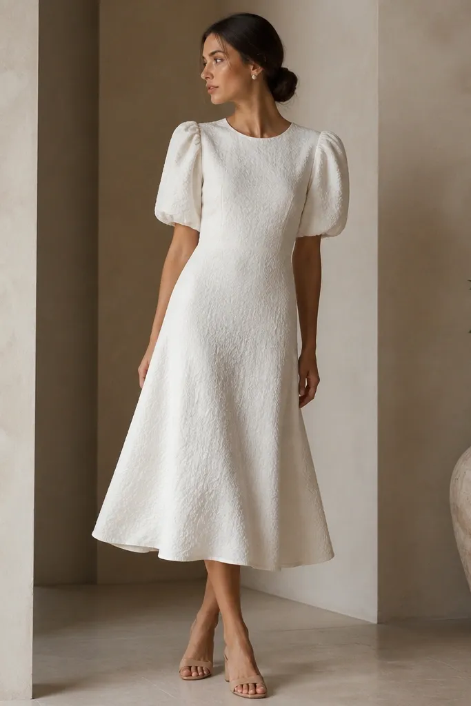 A white textured midi dress with puff sleeves and a softly fitted waist; the fabric shows subtle raised texture. The image includes a model with a low bun hairstyle, small pearl studs, and nude block heels.