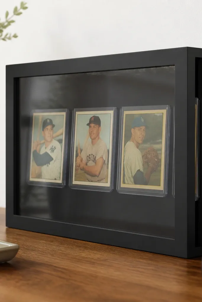 A matte black frame with a clear acrylic front. A narrow side slot runs vertically, and cards are visible through the acrylic, angled slightly to the viewer.