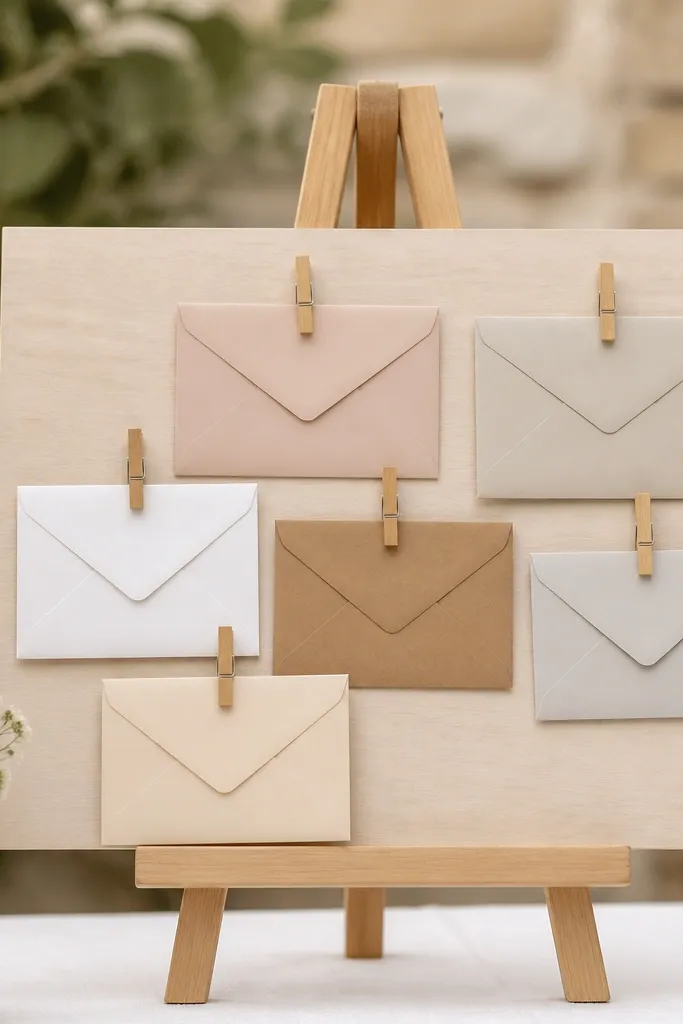 A small natural wood easel holding a simple board. Several mini wooden clothespins clip envelopes in a neat row, with a few at staggered heights.