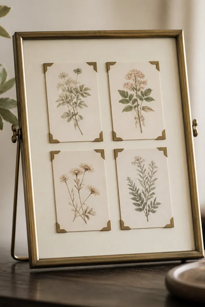 A vintage brass picture frame on a stand. Inside are L-shaped corner mounts holding cards by the edges, with a cream background mat.