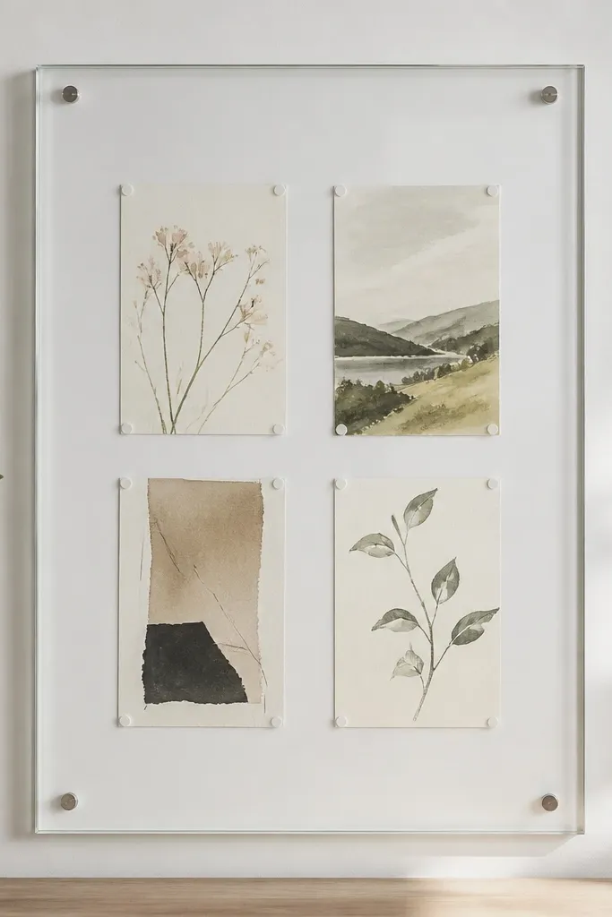 A clear glass picture frame with a white backing. Cards are held by small dots of museum putty at the corners, keeping them flat against the glass.