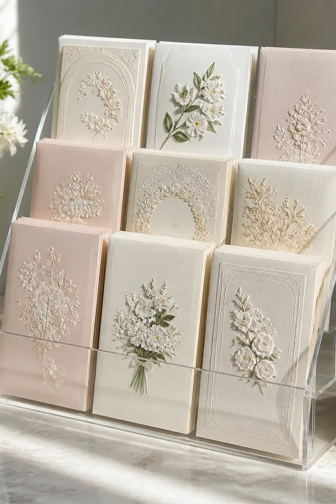 A clear acrylic brochure holder with multiple slanted compartments. Wedding cards slide into each compartment, creating neat rows.
