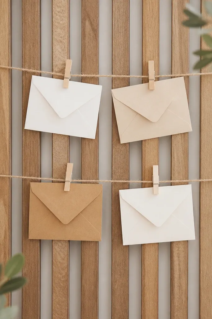 A small wood slat wall with two horizontal twine lines. Mini clothespins clip envelopes between the lines, and the twine is taut.