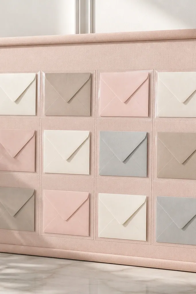 A rectangular frame covered in blush fabric. Clear vertical sleeves are sewn onto the fabric backing, and envelopes slide into each sleeve.