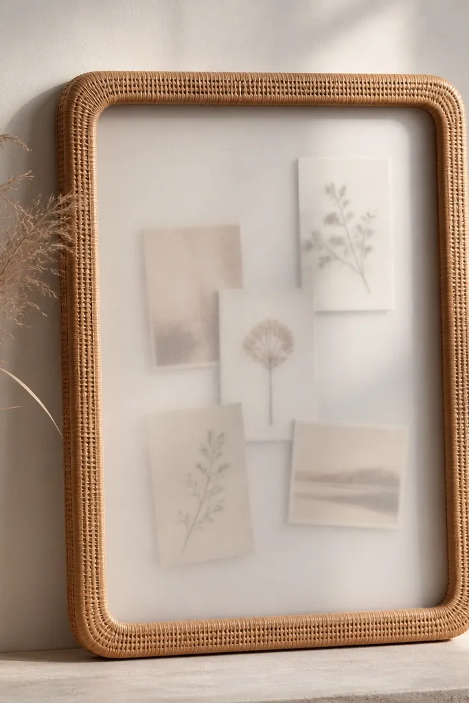 A rattan/cane frame with a light backing made from vellum. Cards rest behind the vellum, visible but softened, with natural shadows.