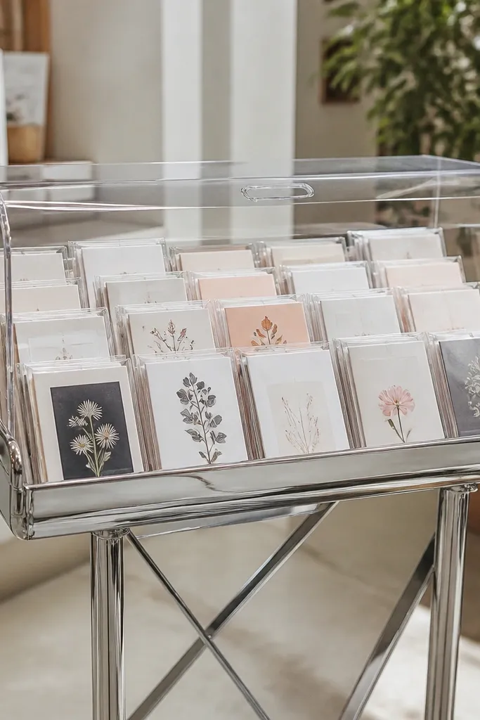 A chrome serving tray on a stand with clear sleeves arranged in rows. A separate clear acrylic cover sits at the front like a sneeze guard, keeping cards protected.