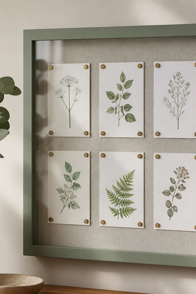 A matte sage-painted frame with a backing board. Small magnetic holders clamp cards at the corners, and a clear front protects the display.