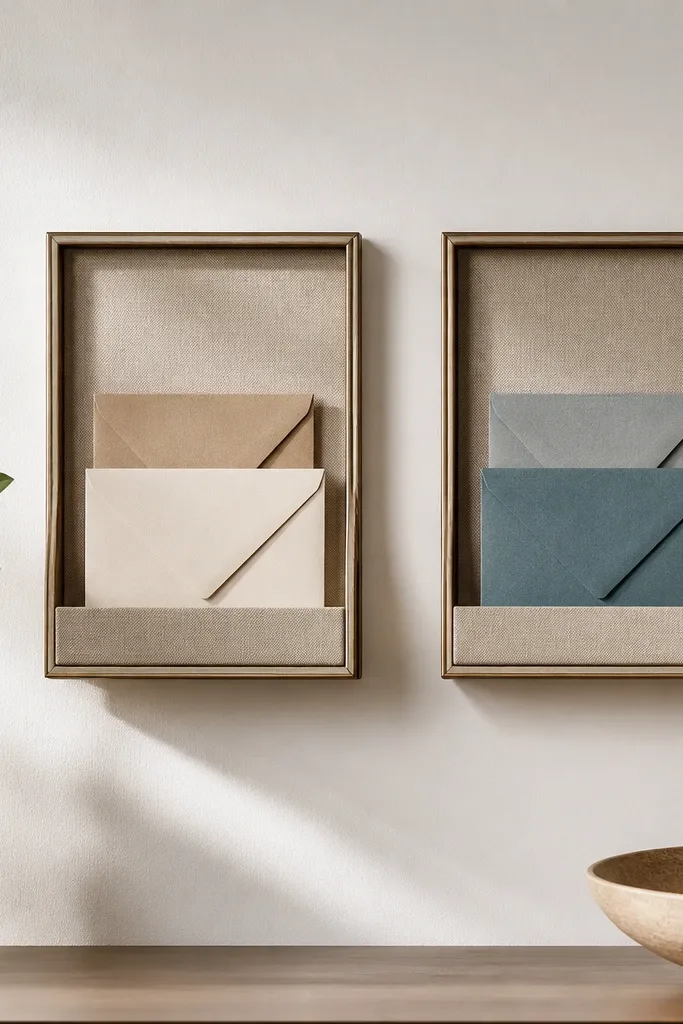 Two small ledge frames mounted side by side. Each frame has a shallow ledge pocket that holds exactly two envelopes stacked.