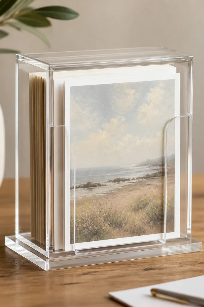 A clear acrylic box standing on a base with a sliding front panel. Cards appear inside behind the clear walls, visible through the panel opening.