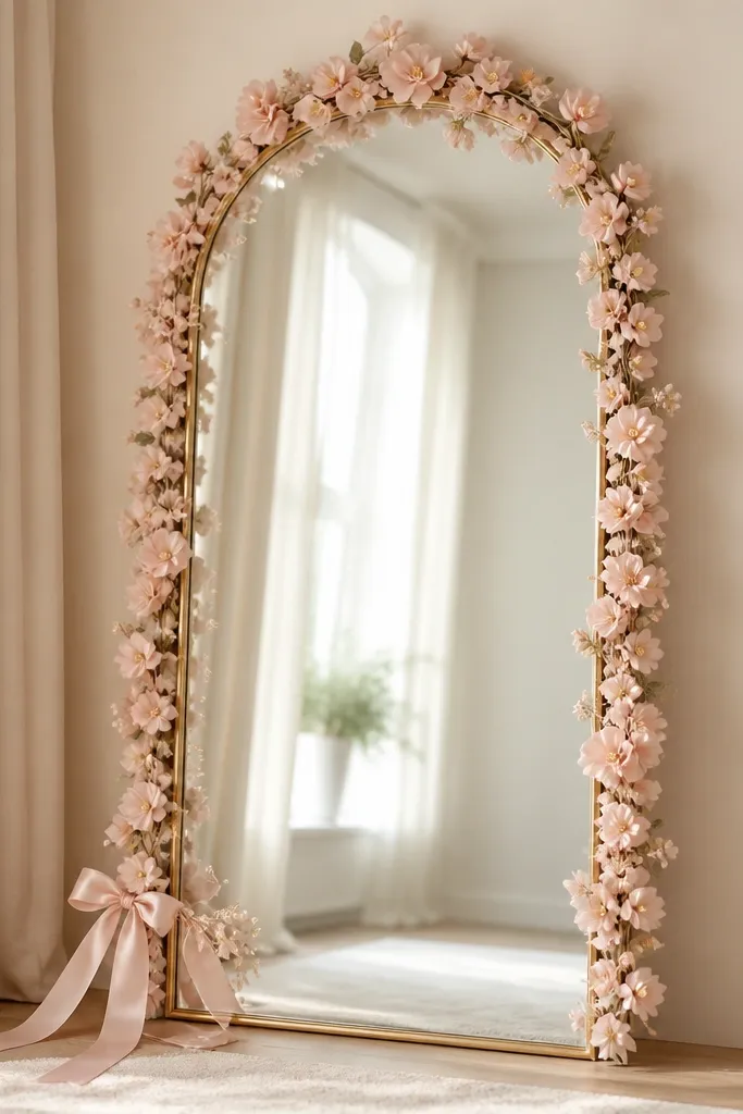 A tall, arched mirror with a thin gold frame. A soft blush silk floral halo is wrapped around the outer edge in a continuous loop, with small wired blossoms and a few pale green leaves. The glass area stays clear in the center, and a blush satin ribbon is tied at the bottom left corner.