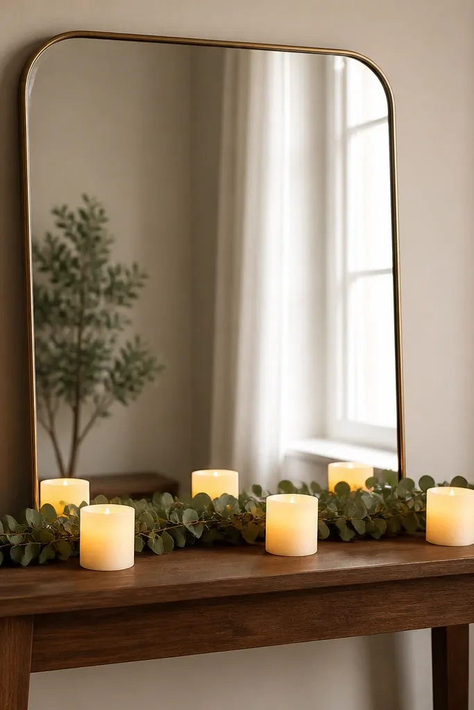 A mirror leaning against a wall behind a narrow console table. On the table: three short battery LED candles (warm white) spaced evenly, with a thin strip of faux eucalyptus greenery running horizontally across the back edge. The mirror reflects the candle glow and greenery.