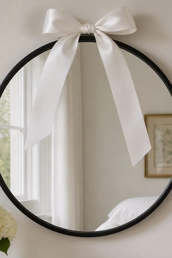 A simple round mirror with a black frame. A single wide white satin ribbon is tied into a neat bow at the top of the mirror frame, with two long tails hanging down evenly. The glass is completely clear.