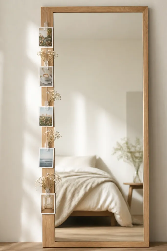 A tall mirror with a light wood frame. Along the mirror's outer left side, a vertical strip of clear acrylic clips holds small printed photo cards and tiny ivory faux blossoms. The center of the mirror remains clear.