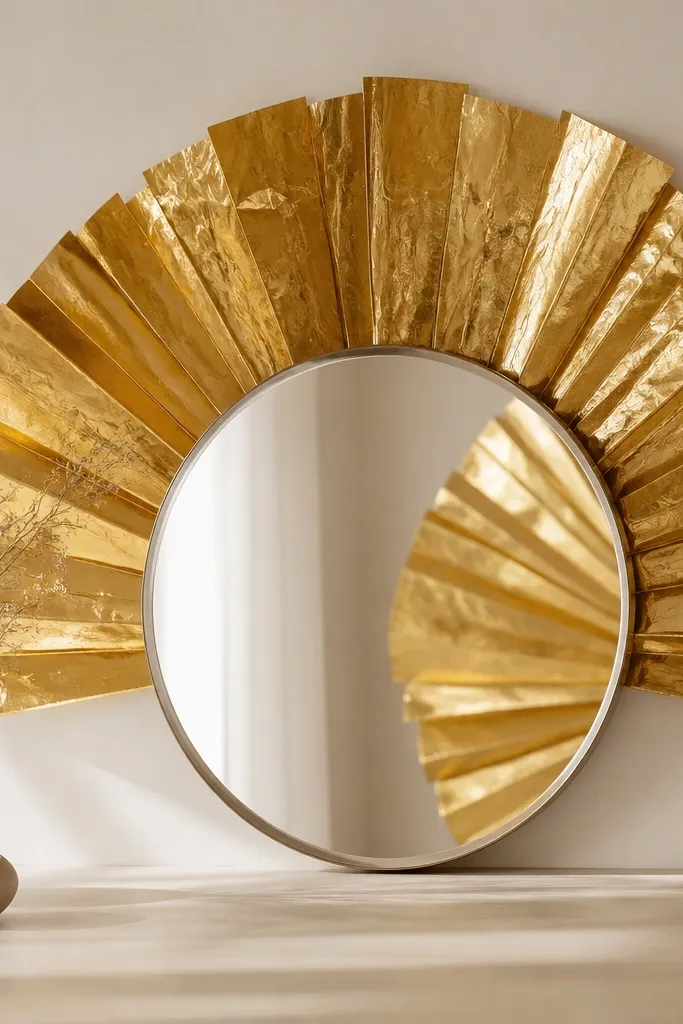 A round mirror placed in front of the wall. Behind it, a fan arrangement of gold foil paper radiates outward like a sunburst. The mirror reflects some of the gold rays, and the foreground stays clean.