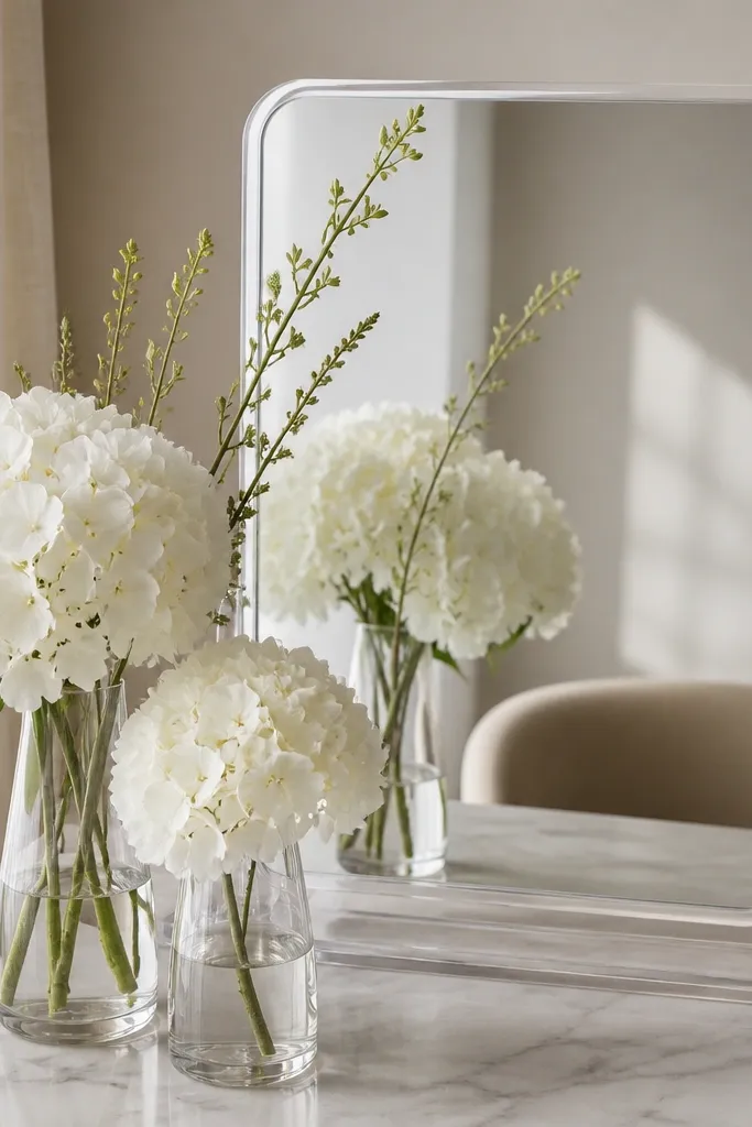 A tabletop mirror with a clear acrylic stand. In front of it, two clear glass vases hold faux white hydrangea heads and a few long stems. The mirror reflects the vases and creates a layered depth effect.