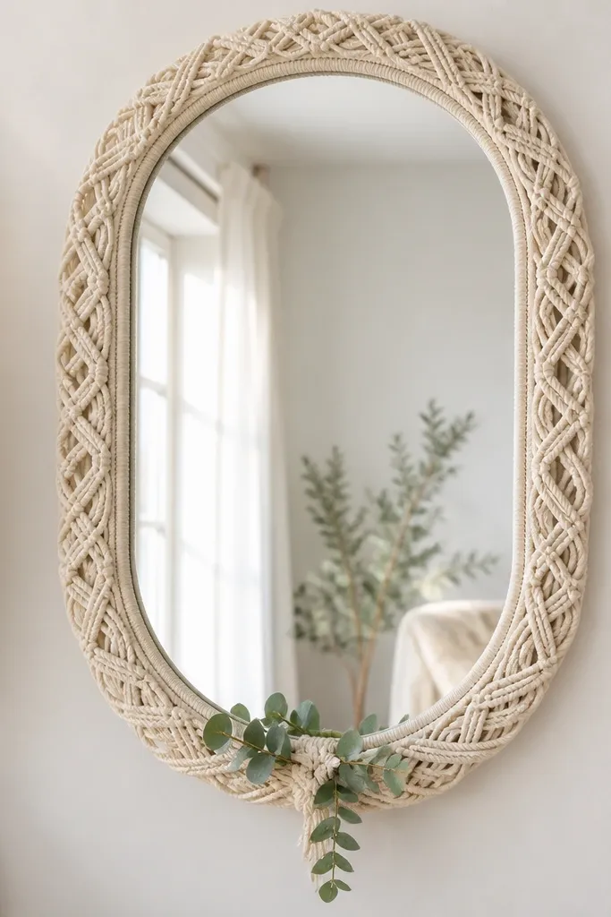 A boho-style mirror with macrame ties around the sides of the frame. At the bottom center, a single faux green stem wraps around the tie and drops slightly downward. The glass center stays clear and bright.