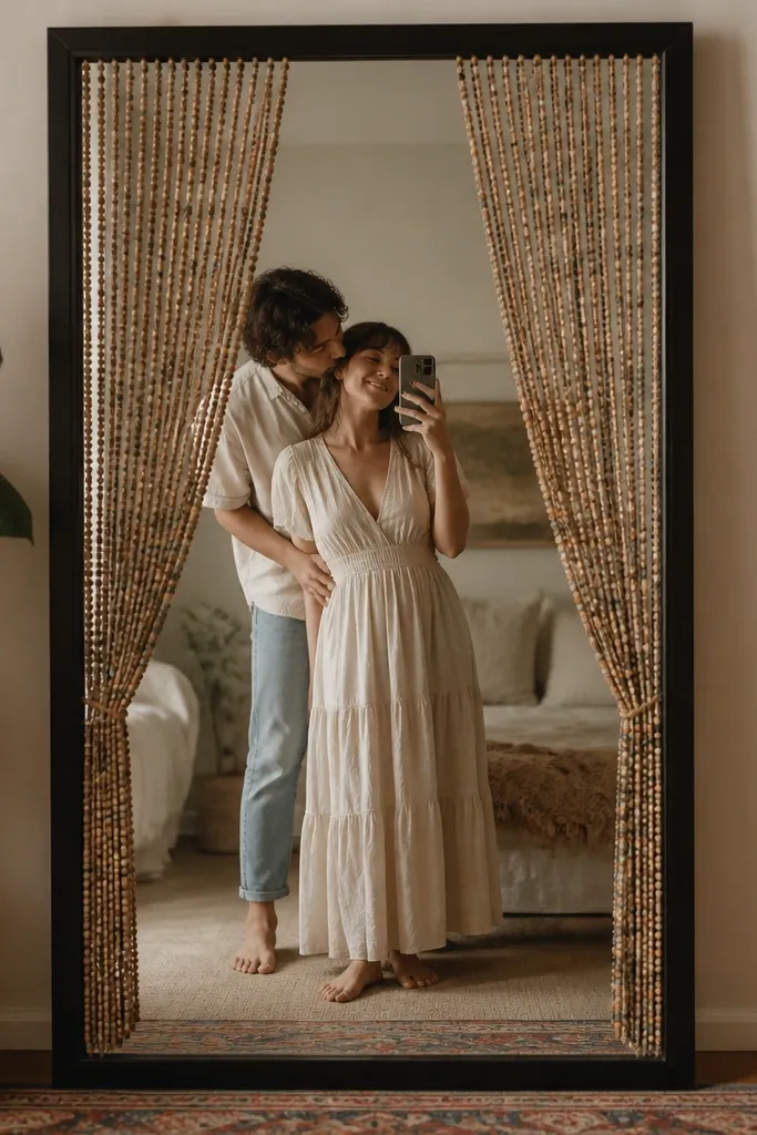 A full-length mirror with a dark frame. Two beaded curtain panels hang from the top, one on each side of the mirror, with small beads catching light. The center glass stays clear for a clean reflection of the couple.