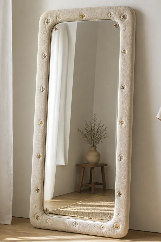 A full-length mirror with a cream linen wrap around the frame. Tiny pressed wildflower pieces sit inside small, clear resin dots along the inner edge, catching light like little glass bubbles. The mirror glass is clean and reflective, with no heavy garlands - just the linen texture and scattered resin accents.
