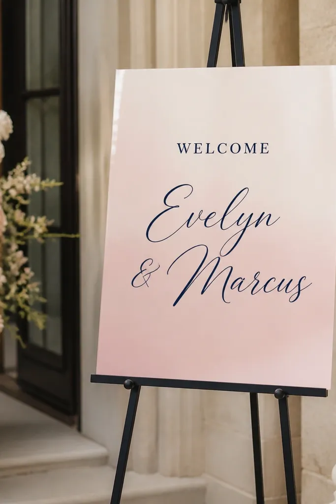 A slim black metal easel holding a laminated welcome card. The card has a soft blush gradient background with dark navy text reading WELCOME and the couple's names in a larger script font.