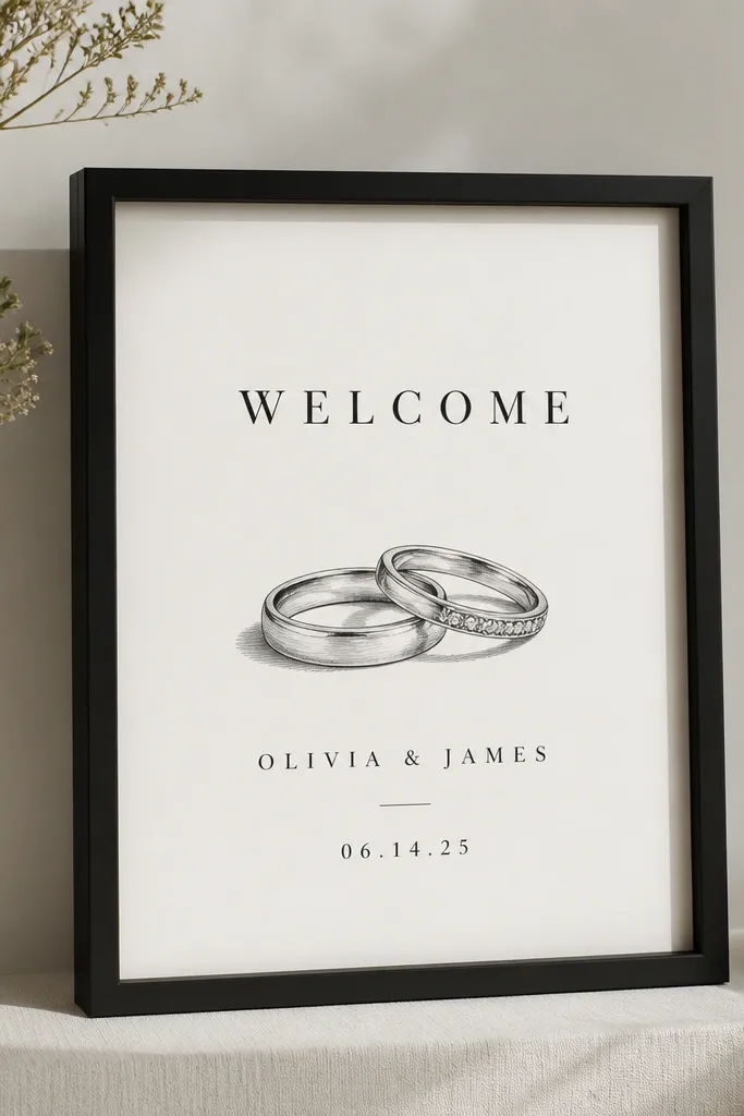 A black picture frame with a matte white poster print inside. The print has a monochrome illustration of two rings and text reading WELCOME with names and date. The glass is anti-glare or the finish looks matte.