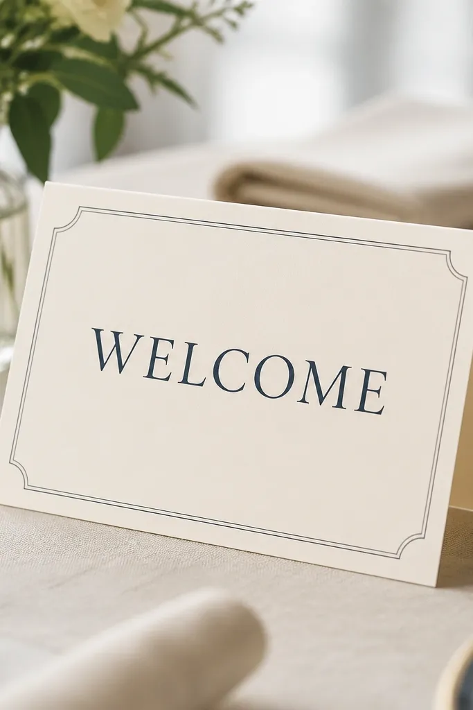 A folded table tent in a neutral cream color. The front panel has large serif text WELCOME and a small line border. Inside panel lists schedule details in smaller navy text.