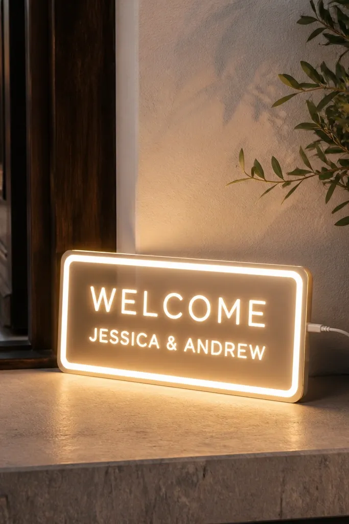 A small LED sign with a white border and a warm glow. The message reads WELCOME in large letters, with the names below. The sign is plugged in and placed near the entrance.