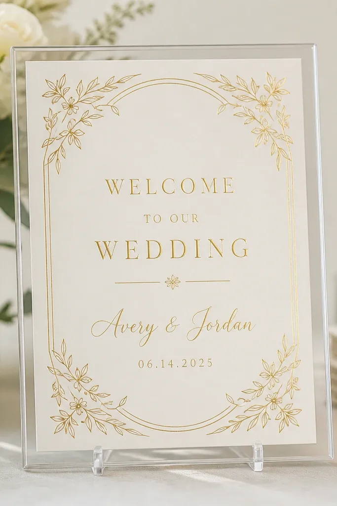 A foil-stamped welcome card in metallic gold and cream. The card is inside a clear acrylic holder or a clear protective sleeve on a small stand. The text reads WELCOME TO OUR WEDDING with names and date.