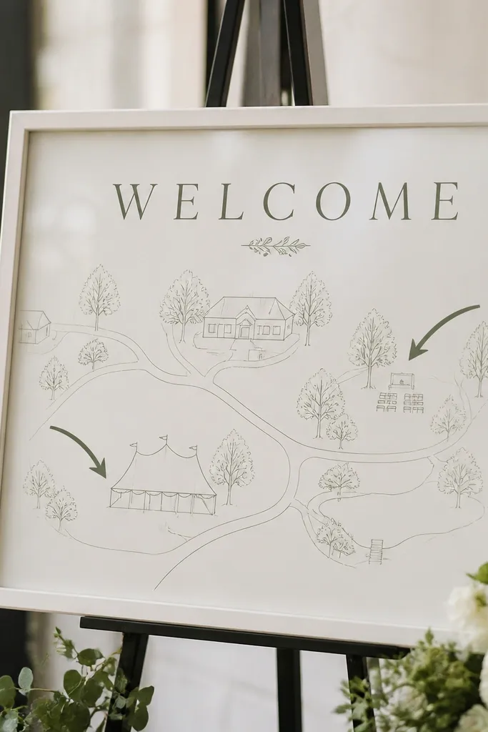 A framed sign with a simplified line-art map of the venue area. The text reads WELCOME and includes arrows pointing to ceremony and reception. The surface looks like a wipeable laminate under glass.