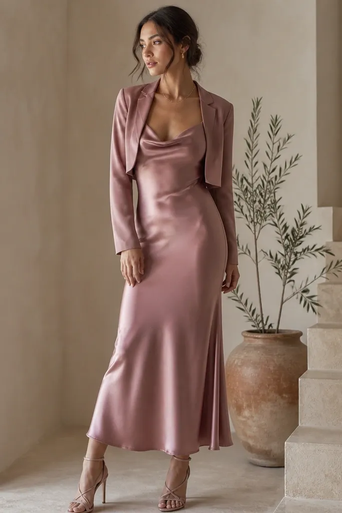 A women's slip dress in dusty rose satin with a bias cut, thin straps, and a soft cowl or straight neckline. The dress hangs smoothly and catches light subtly; paired with a cropped jacket and strappy heels.