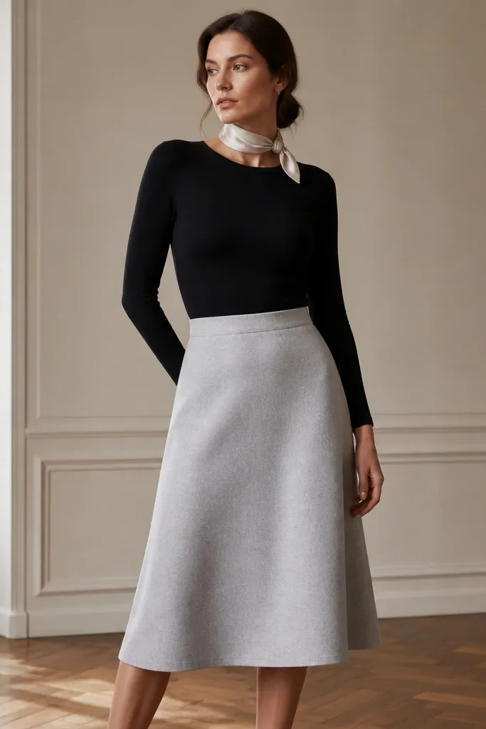 A women's outfit: a light grey A-line skirt made of wool-crepe, with a smooth waistband and a knee-to-midi length. Paired with a black fitted bodysuit and a short pearl or satin scarf at the neck.