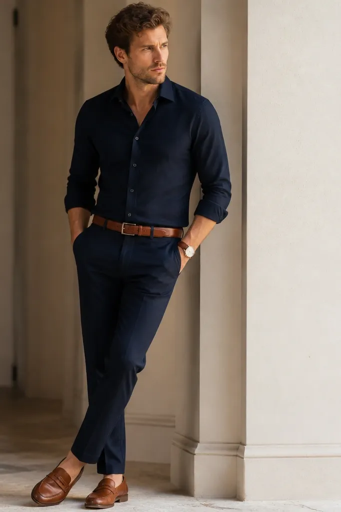 A men's look: a navy button-up shirt in a subtle cotton weave paired with matching navy chinos, worn with cognac leather loafers. A clean watch and belt match the loafers.