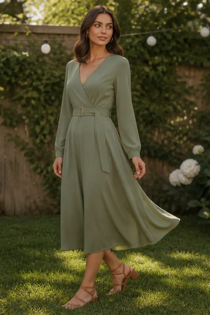 A model stands in soft shade on a backyard lawn wearing a sage green wrap dress in medium-weight crepe. The dress has a V-neck with a clean wrap overlap, long sleeves that end at the wrist, and a defined waist held by a wide matching belt with brushed gold hardware. The skirt falls to the mid-calf and moves easily in a breeze. The styling includes tan low-heel strappy sandals and small gold hoop earrings; the background shows pale string lights and green foliage.