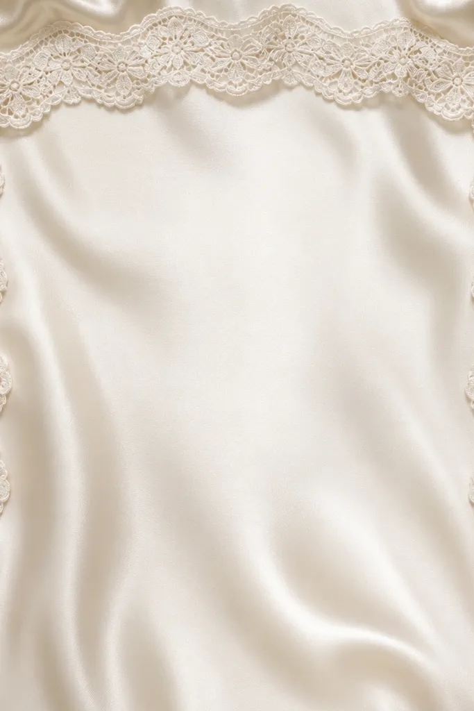 A cream silk-sheen draped background panel with a scalloped lace border running along the top and sides. The lace has small floral cutouts and sits over the satin so it creates a layered edge. The center panel is smooth and bright with no big flowers.